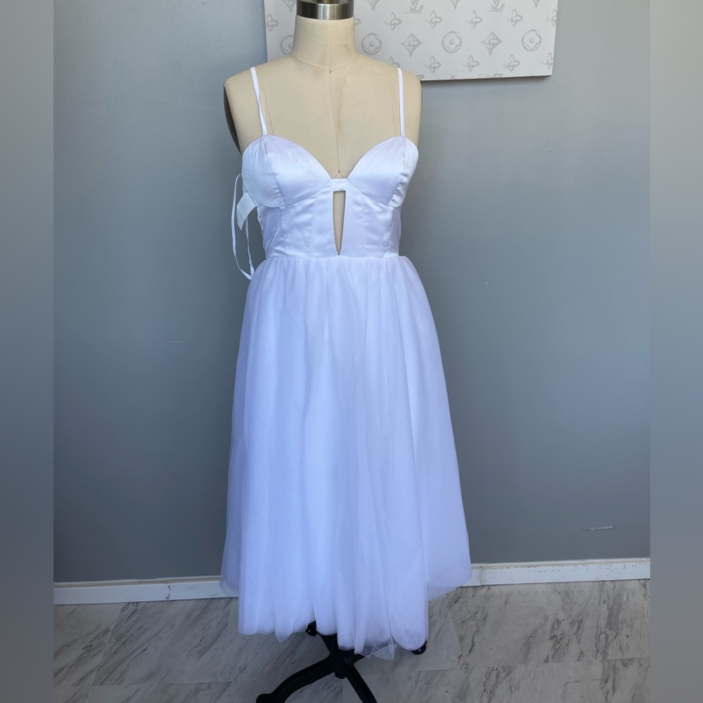Fame & Partners Venice Tea Length Tulle Dress in White w/ Adjustable Straps - Picture 2 of 7